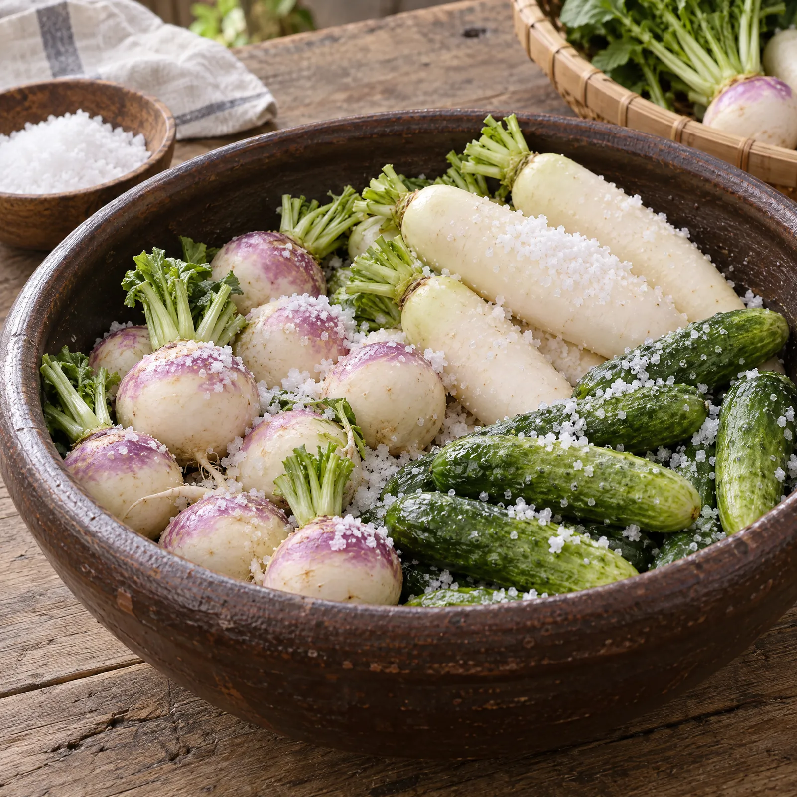 질그릇에 소금을 뿌려 절인 순무와 무, 오이