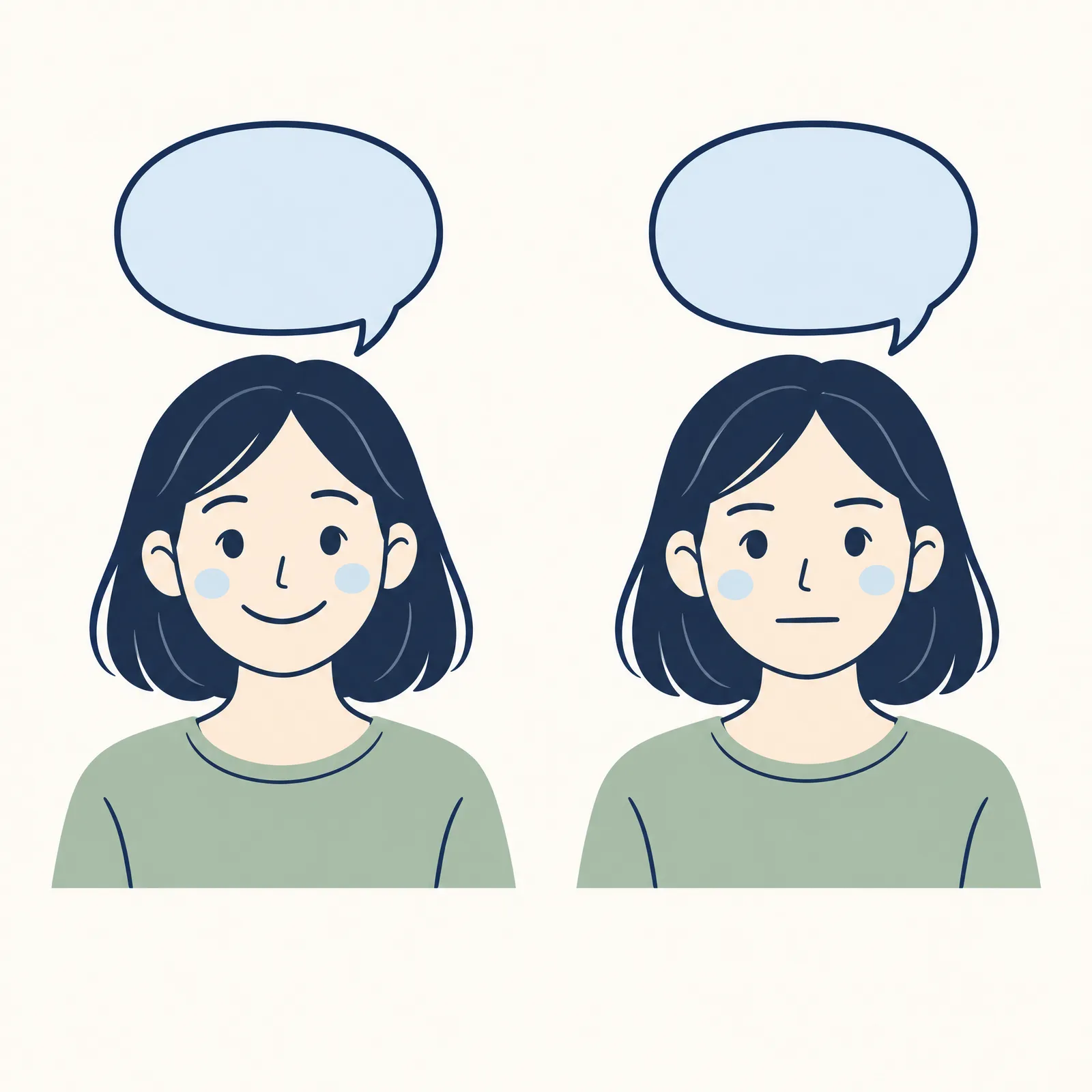 같은 사람이 말풍선 아래에서 한쪽은 웃고 한쪽은 무표정한 얼굴을 한 일러스트